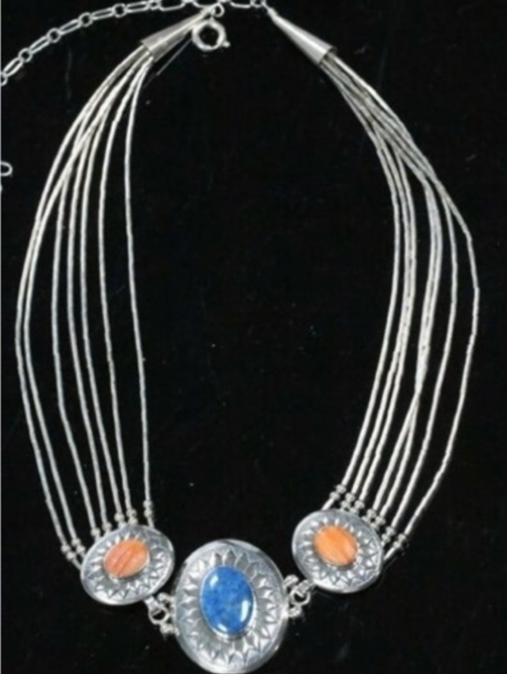 Sterling Silver Multi Strand Necklace with Lapis and Spiny  Coral Side Stones
